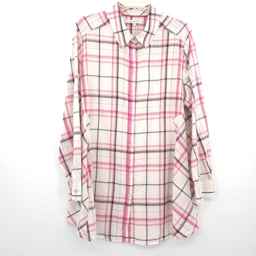 Foxcroft plaid long sleeve button up tunic top Size 16w cream pink pockets